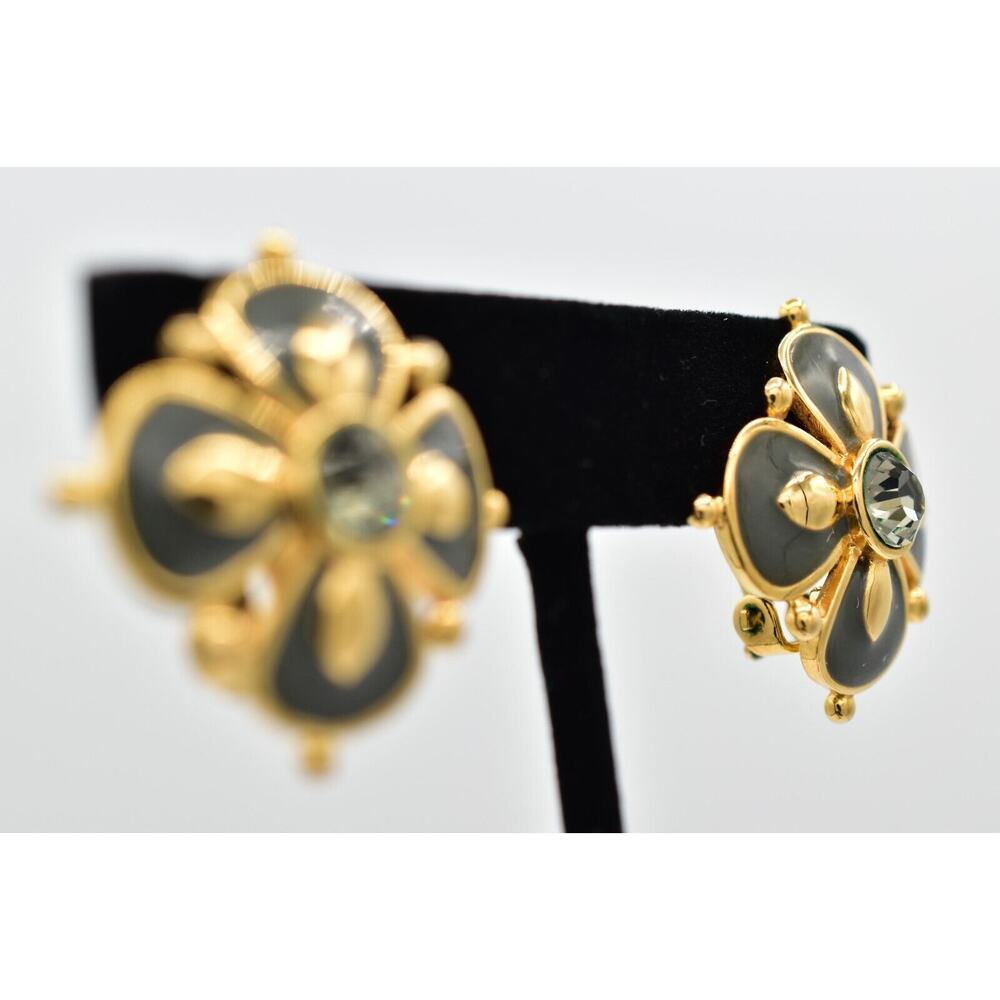 Joan Rivers Vintage Flower Clip On Earrings Gray Enamel Crystal Signed 90s BinBK - Picture 5 of 15